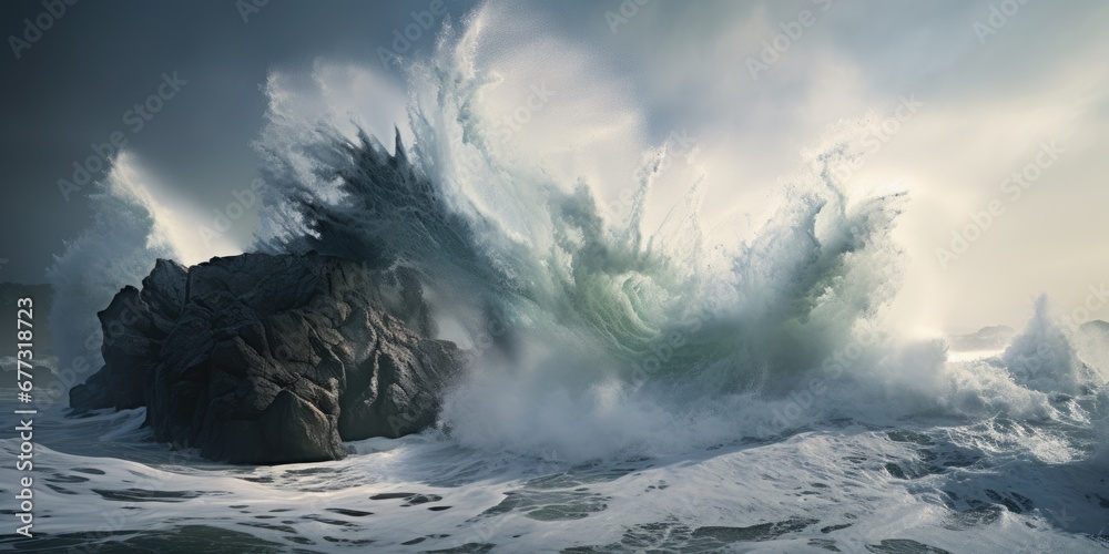 Dramatic crashing wave against rugged rocky shoreline. Ocean storm cresting surf. Relentless power of the sea at sunset. 