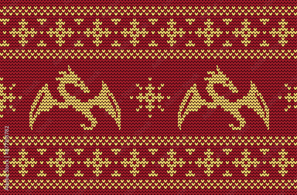 Knitted pattern with dragons. Seamless border. Ornament in red and yellow colors. It can be used as a background to the New Year 2024. Year of the Dragon. Vector illustration Knitted pattern with dragons. Seamless border. Ornament in red and yellow colors. It can be used as a background to the New Year 2024. Year of the Dragon. Vector illustration