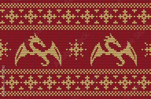 Knitted pattern with dragons. Seamless border. Ornament in red and yellow colors. It can be used as a background to the New Year 2024. Year of the Dragon. Vector illustration