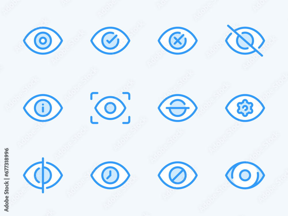 Eye Scan and Retina vector line icons. View and Eye Recognition outline icon set. Scanning, Hide, Blocked, Show, Settings, Information and more.