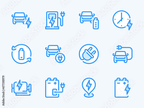 Electric Car and Vehicle Charging vector line icons. Auto charger and Electro Engine outline icon set. Power Station, Battery, Recharge, Charging Time, EV, Charging Place and more.