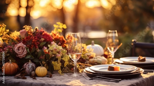 Thanksgiving fall harvest table place setting. Holiday celebration autumn dining. Seasonal reception with place settings and wine.