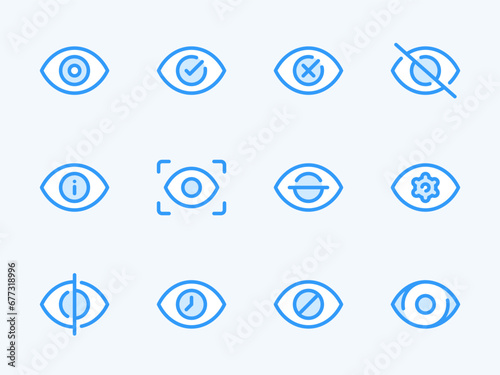 Eye Scan and Retina vector line icons. View and Eye Recognition outline icon set. Scanning, Hide, Blocked, Show, Settings, Information and more.