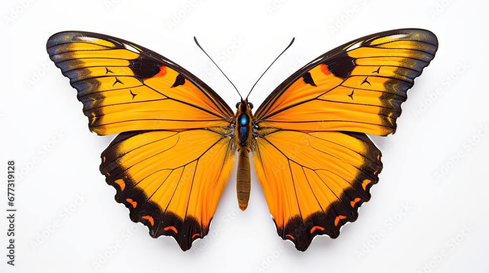 a close up of a yellow butterfly on a white background with a black and orange pattern on it's wings. a close up of a yellow butterfly on a white background with a black and orange pattern on it's wings.