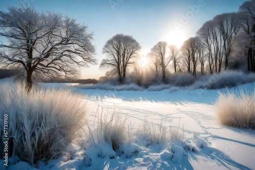 Winter landscape with snow, field , trees and frozen grasses, outdoor winter nature