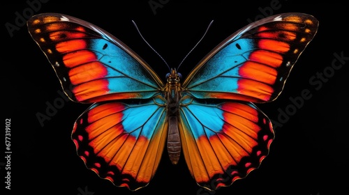  a close up of a colorful butterfly on a black background with a black back ground with a black back ground with a red and blue butterfly on it's wings.