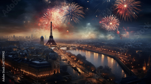 new years eve with fireworks over Paris: City skyline with the Eiffel tower, river Seine and fireworks