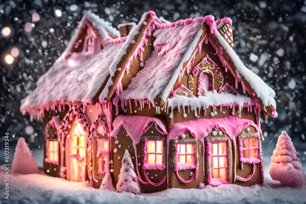 Magical winter christmas picture. Gingerbread house with pink icing with light glimming in the windows under snow falling.