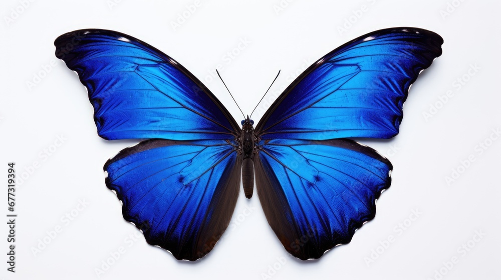  a blue butterfly sitting on top of a white surface with its wings spread open and facing the side of the frame.