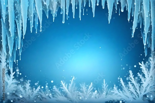 Frost. Frozen window glass in cold freeze weather, christmas holidays decoration. Transparent water crystals ornament on blue background, new year abstract icicle snowy frame vector isolated texture