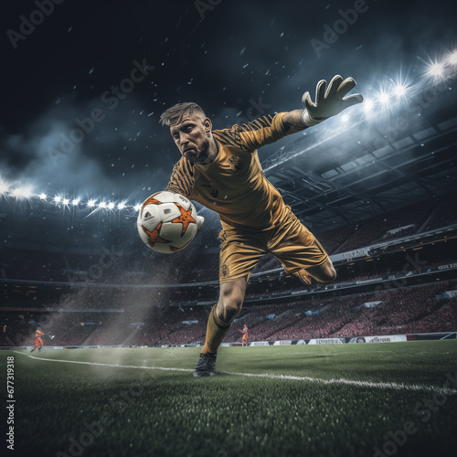 Foto soccer : goalkeeper trying to catch the ball in a large stadium