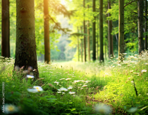defocused green trees in forest or park with wild grass and sun beams beautiful summer spring natural background