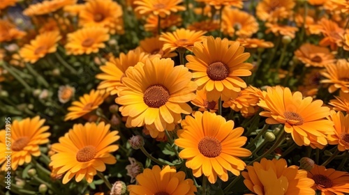 Orange daisies in the garden. Selective focus with shallow depth of field. Springtime concept with a space for a text. Valentine day concept with a copy space.