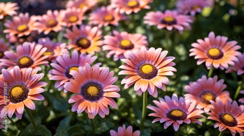 Colorful daisy flowers in the garden with soft selective focus. Springtime concept with a space for a text. Valentine day concept with a copy space.