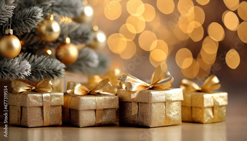 Gifts below the Christmas tree fairy lights background © Grau Photographers