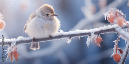  Little Birds on Snow-Covered Branch, Little birds Beautiful Snow Sparrow sit on a tree branch during snowfall in festive winter new year Park. Generative AI