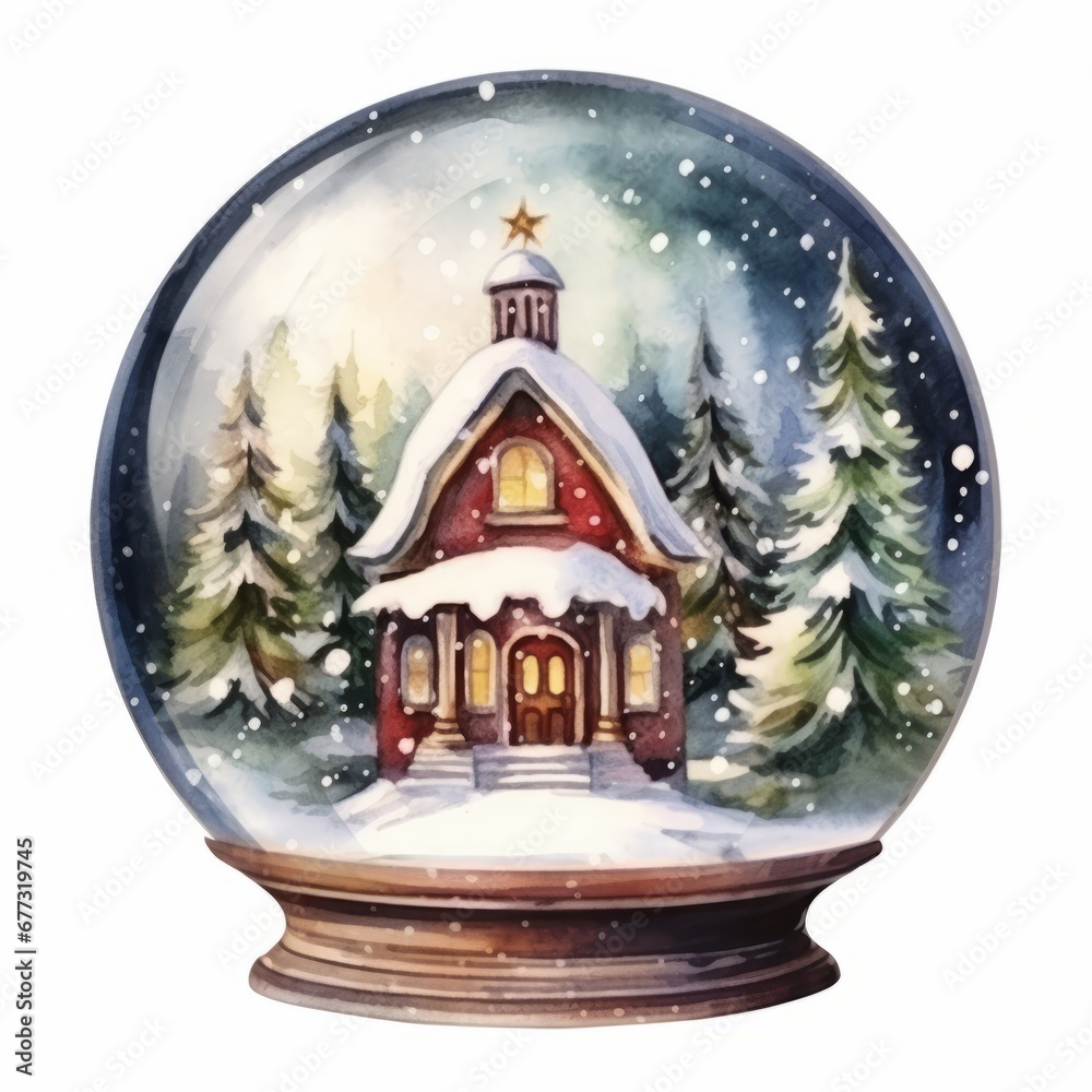Fototapeta premium Enchanting Christmas Snowglobe watercolor isolated on white background 