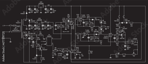 Schematic diagram of electronic device. 
Vector drawing electrical circuit with 
operational amplifier, resistor, capacitor, switch, led, 
integrated circuit, diode and other electronic components.