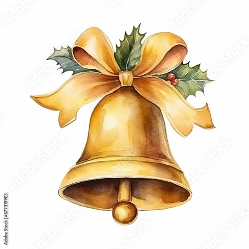 Golden Christmas Bell watercolor isolated on white background 