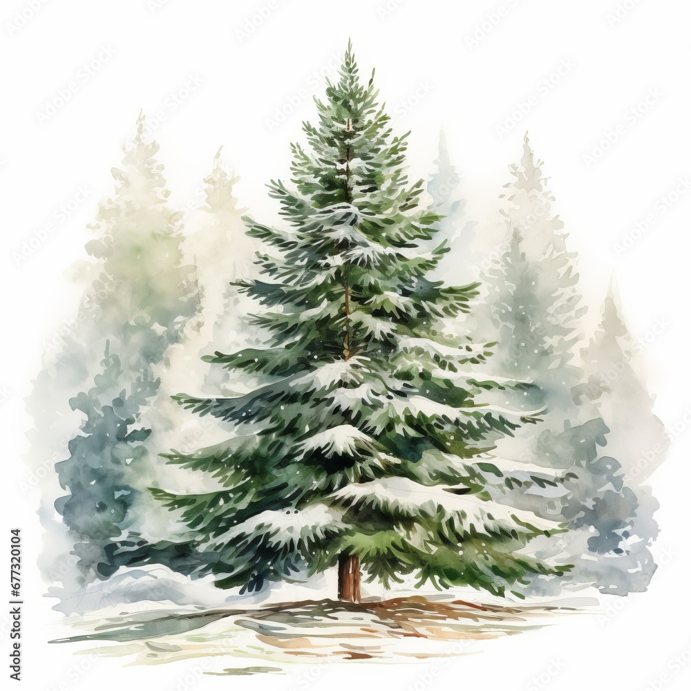 Snowy Christmas Tree watercolor isolated on white background 