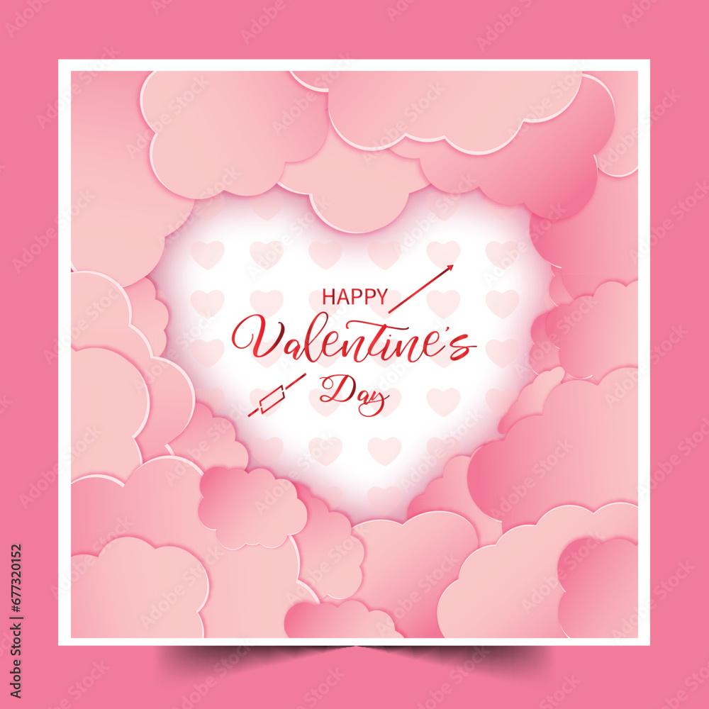 modern happy valentine s day card with pink paper cut clouds