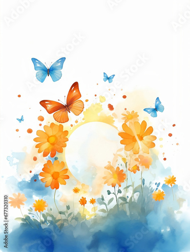 Butterflies  flowers and sun  positive illustration on white background  kids art decor  Generative AI