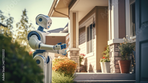 humanoid robot delivering a box to a house. future concept