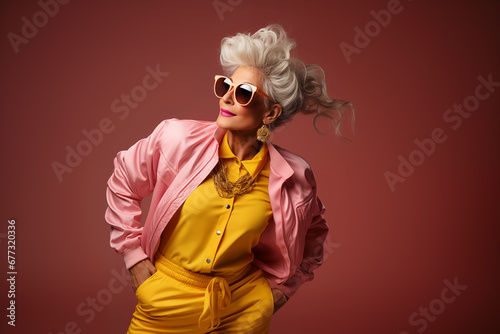 A modern stylish caucasian mature woman in bright yellow fashionable suit and pink jacket, black sunglasses and gold jewelry posing on a red colored background