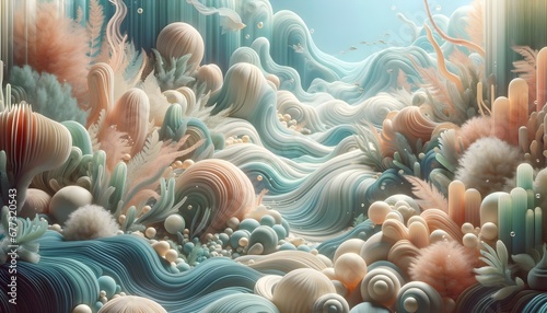 Surreal Underwater Seascape with Abstract Coral and Marine Life