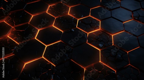 a black and orange background with glowing hexagons