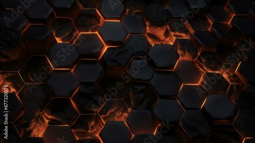 a black and orange background with glowing hexagons