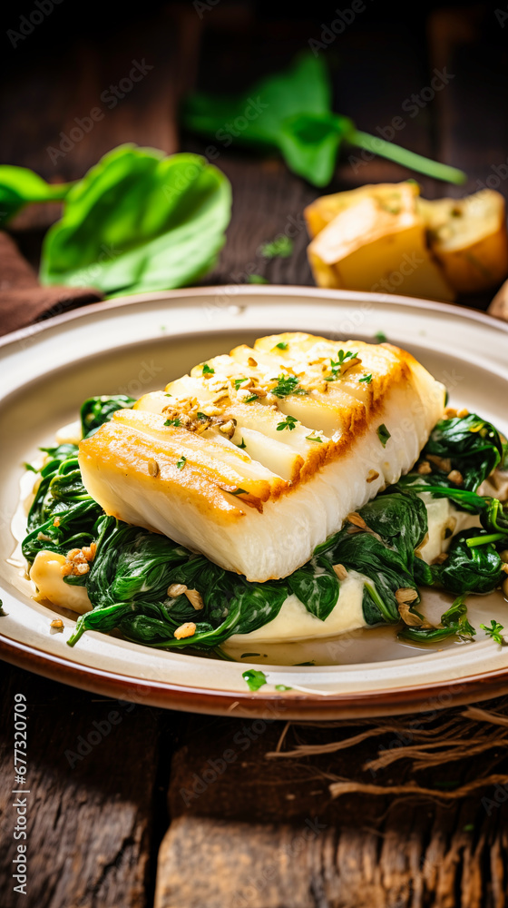 Fried cod fillet with spinach, parmesan and pine nuts

