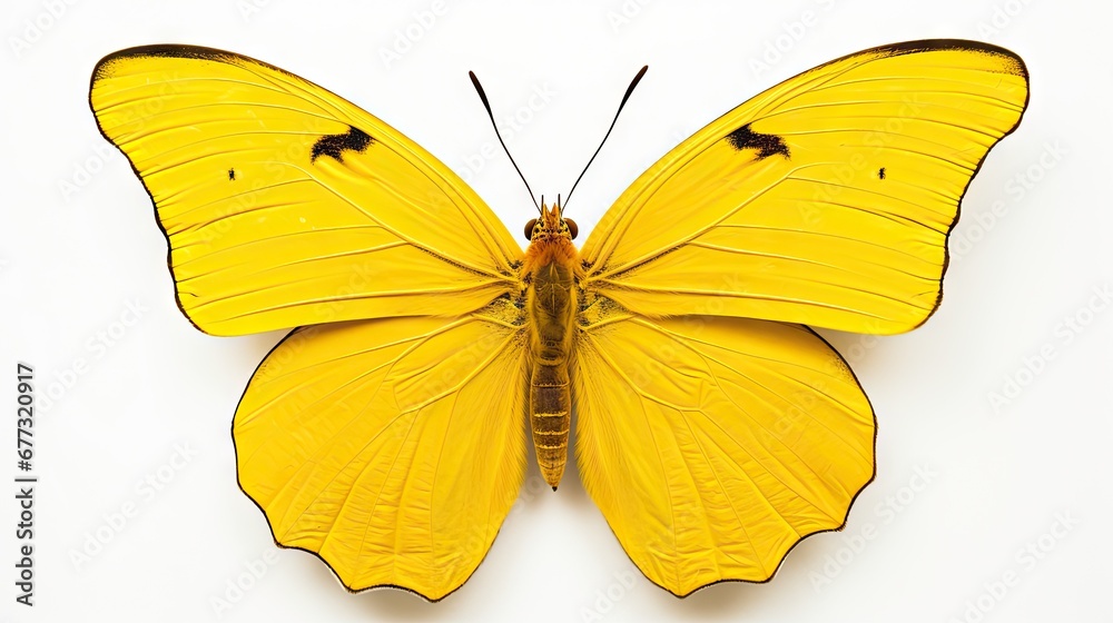 a close up of a yellow butterfly on a white background with a black spot on the top of the wing. a close up of a yellow butterfly on a white background with a black spot on the top of the wing.