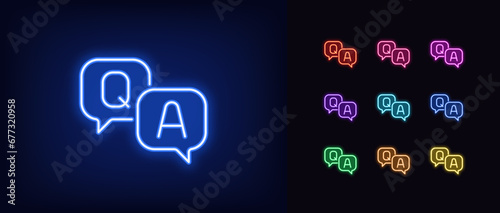 Outline neon Q&A icon. Glowing neon Questions and Answers sign with speech bubble, business FAQ. Expert help and client assistance service, customer support chat. Advice and solutions. Vector icon set