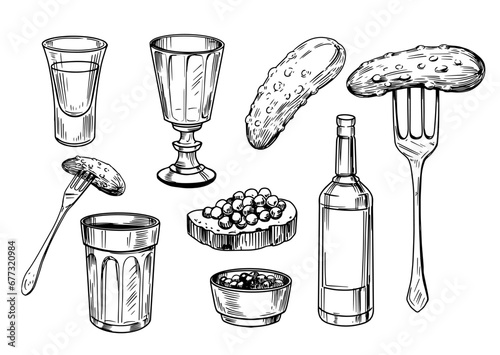 Vodka vector set, sketch illustration of alcohol drink, black outline