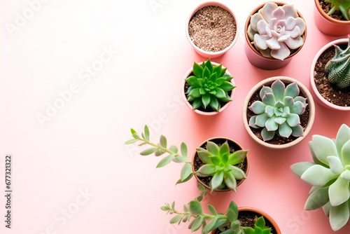 Variety of succulent plants in flower pots on pink background