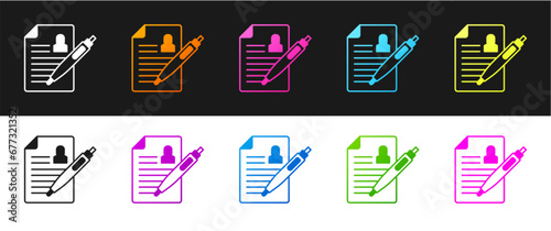 Set Resume icon isolated on black and white background. CV application. Searching professional staff. Analyzing personnel resume. Vector