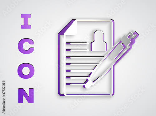 Paper cut Resume icon isolated on grey background. CV application. Searching professional staff. Analyzing personnel resume. Paper art style. Vector