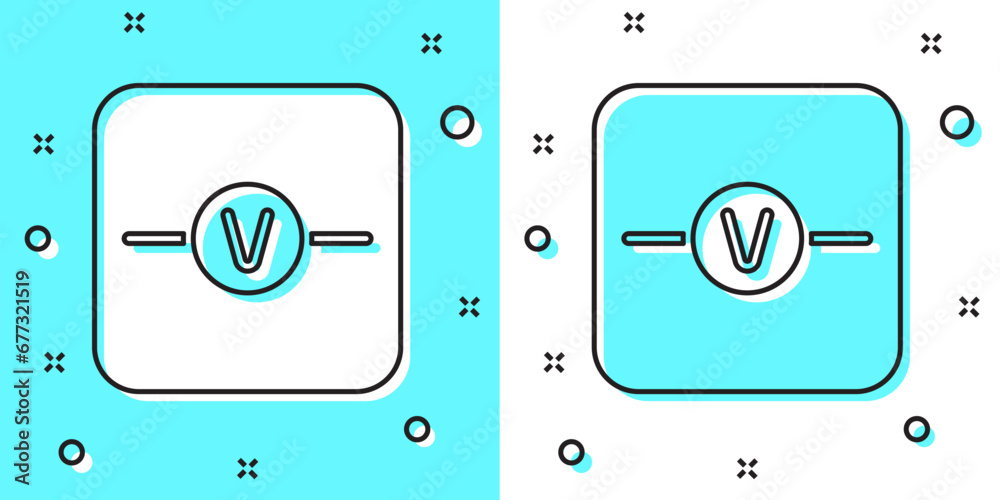 Black line Voltmeter electronic component icon isolated on green and white background. Electricity physics scheme for education. Random dynamic shapes. Vector Black line Voltmeter electronic component icon isolated on green and white background. Electricity physics scheme for education. Random dynamic shapes. Vector
