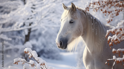 Majestic white horse in a snowy landscape, serene beauty.