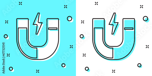 Black line Magnet icon isolated on green and white background. Horseshoe magnet, magnetism, magnetize, attraction. Random dynamic shapes. Vector