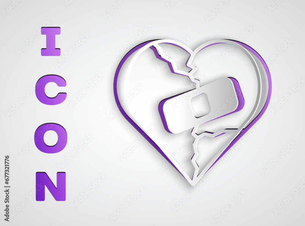 Paper cut Healed broken heart or divorce icon isolated on grey background. Shattered and patched heart. Love symbol. Valentines day. Paper art style. Vector Paper cut Healed broken heart or divorce icon isolated on grey background. Shattered and patched heart. Love symbol. Valentines day. Paper art style. Vector
