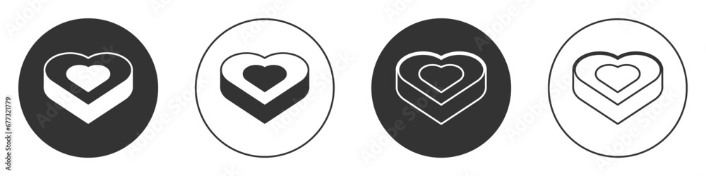 Black Candy in heart shaped box icon isolated on white background. Valentines Day. Circle button. Vector Black Candy in heart shaped box icon isolated on white background. Valentines Day. Circle button. Vector