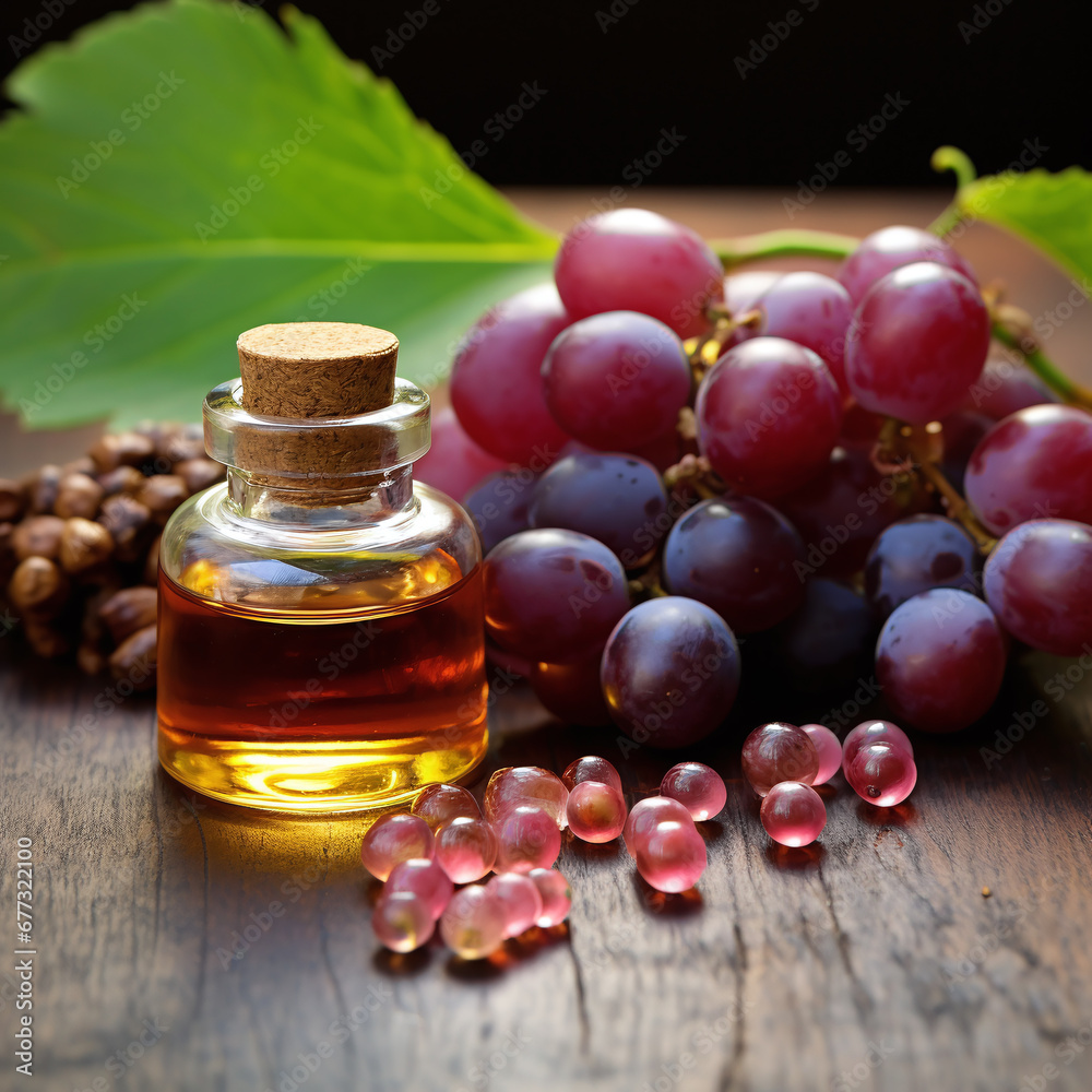 Still life with grape seed oil and pills as a nutritional supplement with grapes and grape seed and leaves as decortation and pills
Still life with grape seed oil and pills as a nutritional supplement with grapes and grape seed and leaves as decortation and pills