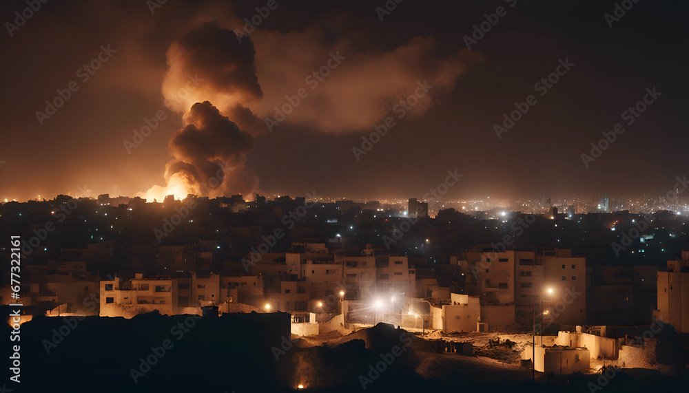 Panorama of the city of Cairo at night with a huge fire.