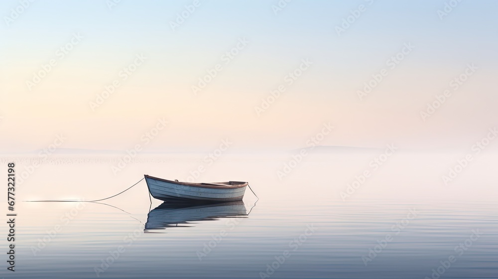 a small boat floating on top of a body of water next to a shore line on a foggy day.