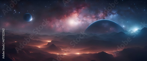 Fantasy landscape with planet. stars and moon. 3d illustration