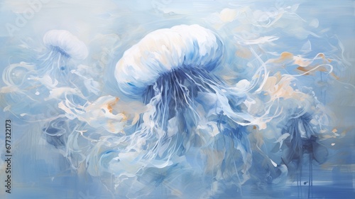  a painting of a blue and white jellyfish on a blue and white background with a light blue sky in the background.