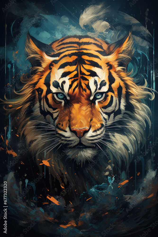 Illustration Tiger portrait on dark. Created with Generative AI