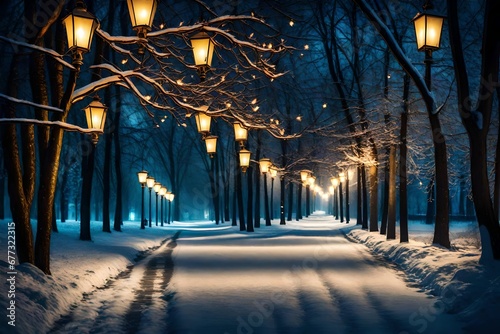 Winter alley in park and shining lanterns. Night shot.